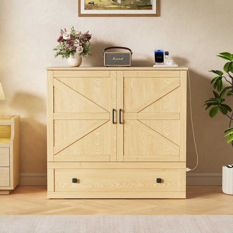 Lit escamotable avec rangement Farmhouse, armoire escamotable avec station de charge intégrée pour chambre à coucher, chambre d'amis