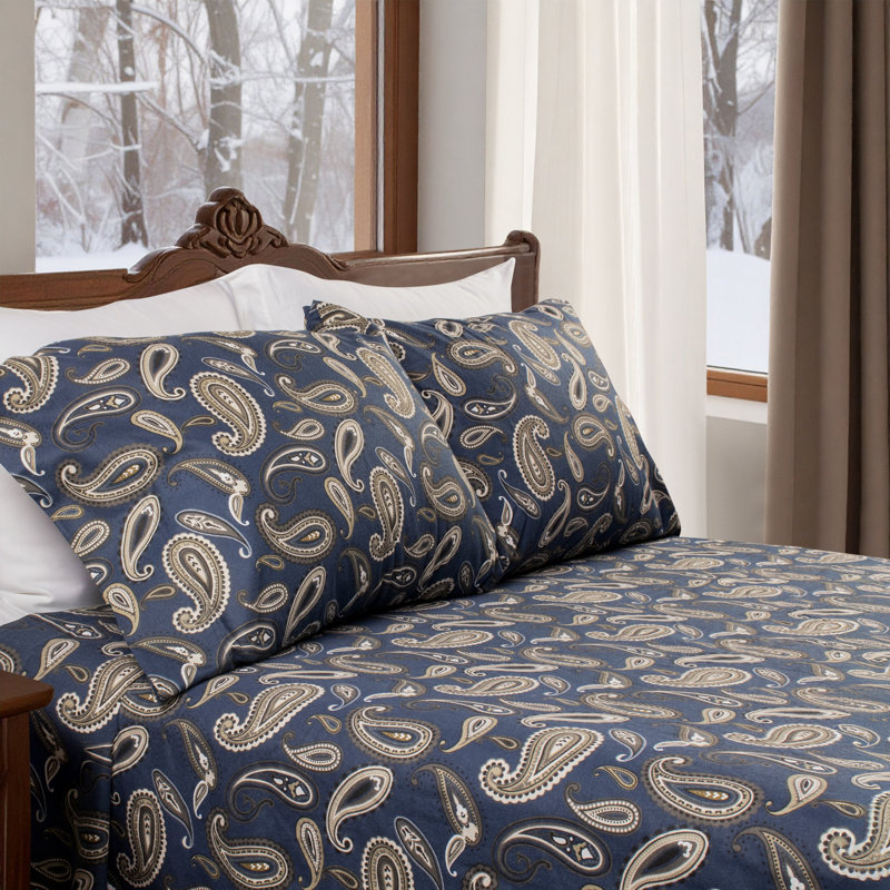 Blue Nile Mills Paisley 100% Cotton Flannel Deep Pocket Sheet Set, Navy Blue, Twin XL Sheet Set with 1 Pillowcase