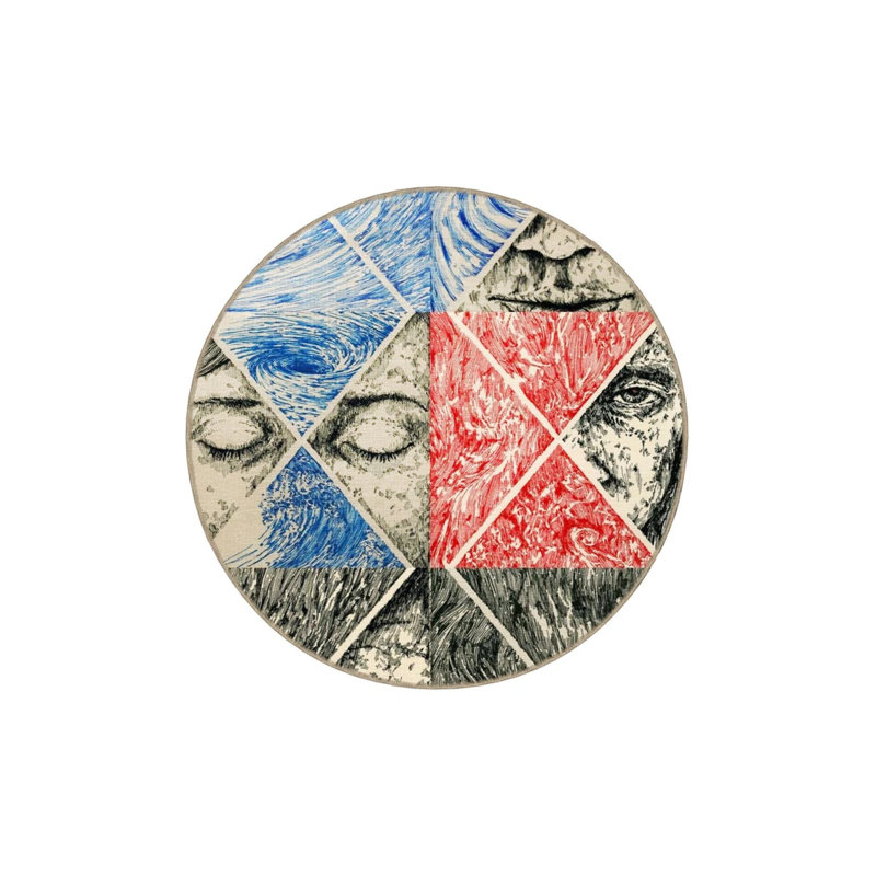 Grey Blue Themed Surrealist Design Face And Eye Patterned Modern Decorative Carpet, Rectangle 4' x 5'11"
