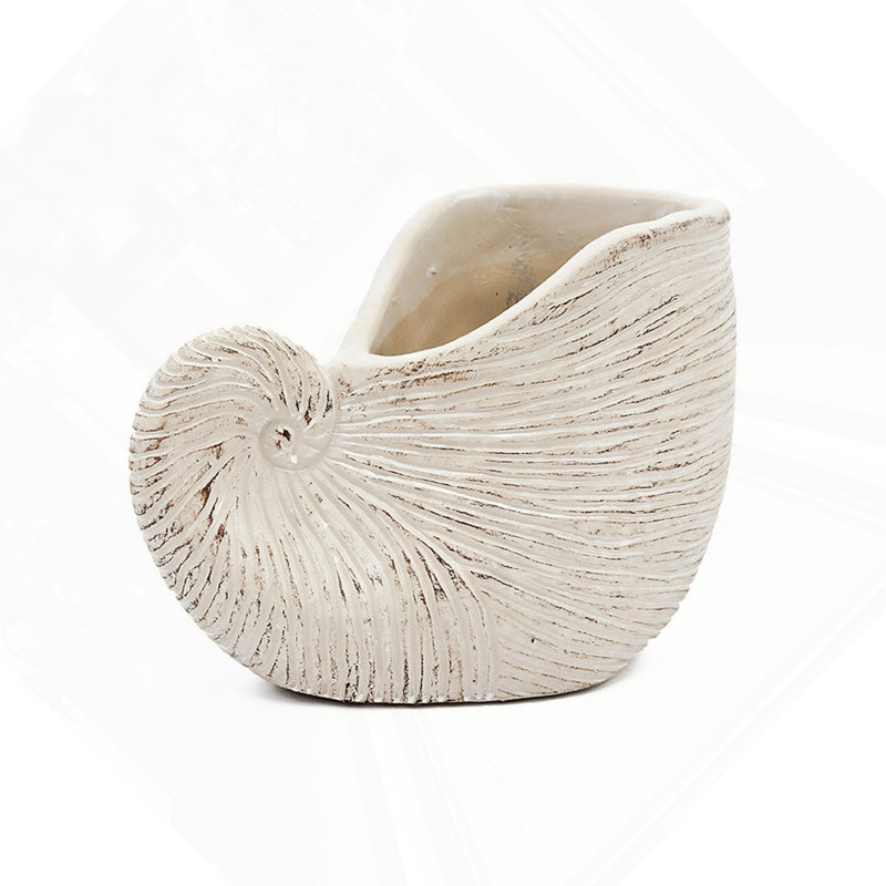 8.5X5.5X6.3" Sand And Cement Nautilus Shell Planter With Textured Beige Finish, 6.3" H x 8.5" W x 5.5" D
