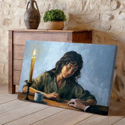 Reproduction d'art sur toile, "Scène intime sereine" représentant une femme avec un long art mural foncé, cheveux penchés en avant avec une expression contemplative