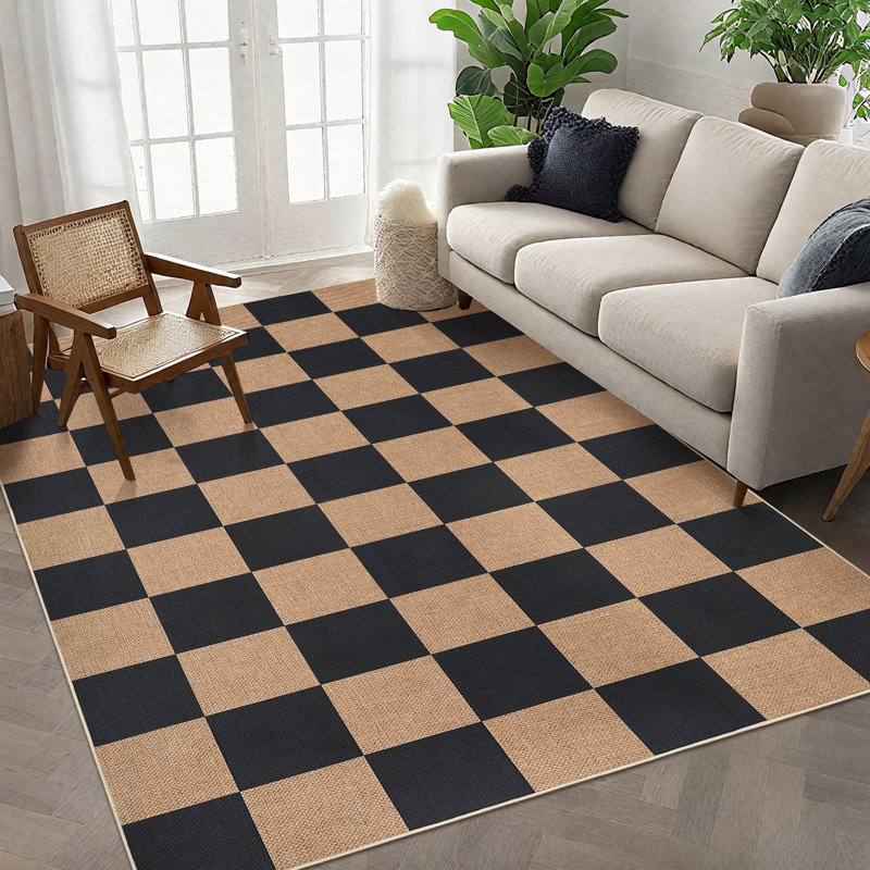 Modern Checkered Jute Area Rug - Washable, Non-Slip, Geometric Carpet for Living Room, Bedroom, Dining Room, Entryway - Indoor Outdoor, Mark Resistant - Black