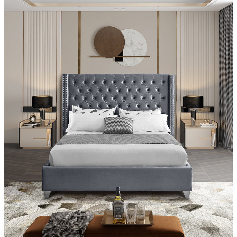 Joclynn Upholstered Wingback Bed, Chrome, Queen, Grey Velvet