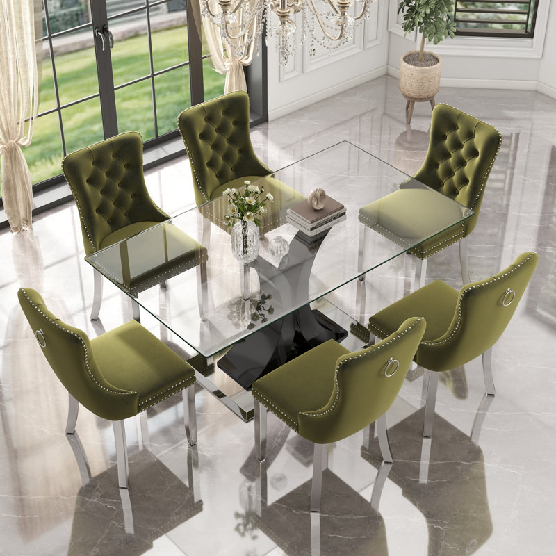 Ensemble de table de salle à manger rectangulaire en verre trempé, 7, Vert olive, Noir
