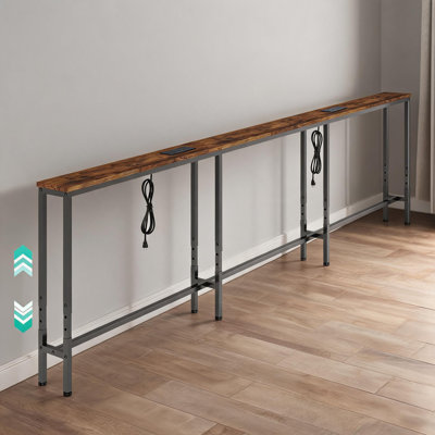 Industrial Narrow Console Table with Power Outlet, Height Adjustable Long Sofa Back Table, Rustic Wood‑Look Skinny Entryway Table for Living Room Behind Couch
