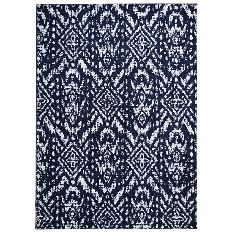 Tapis bleu marine / blanc à motif abstrait Dagley, Rectangle 7 pi x 10 pi