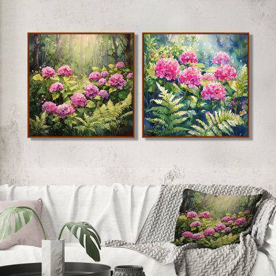 Hortensias tropicaux dans la forêt de fougères I - art mural hortensia - décoration murale traditionnelle 2 pièces