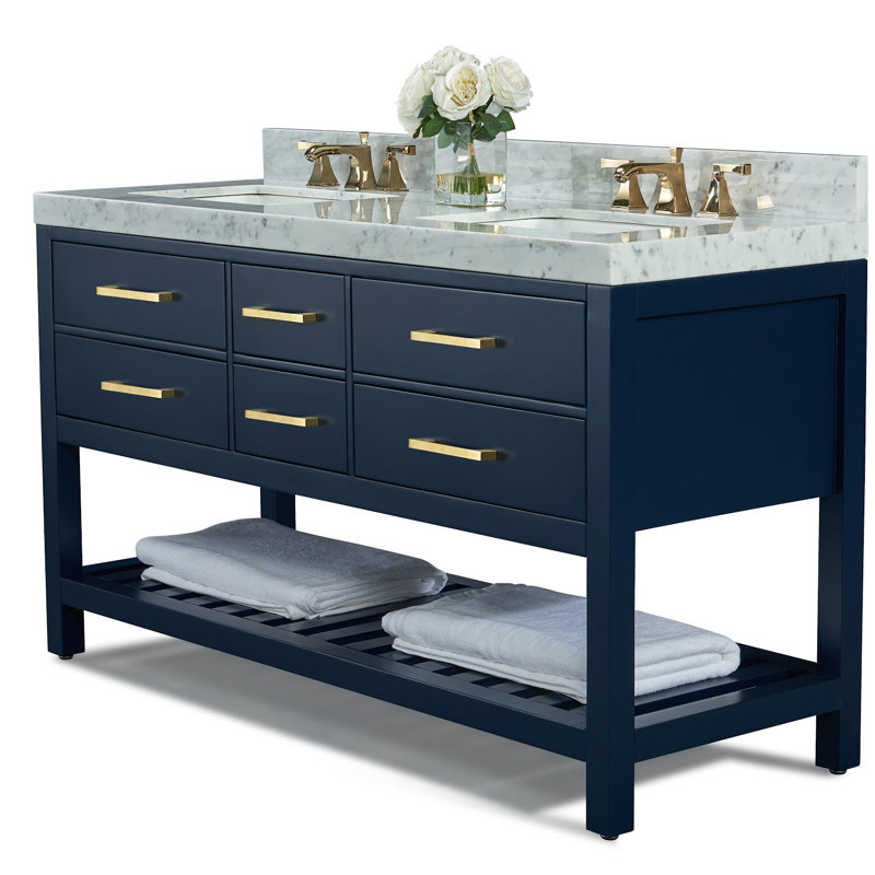 Elizabeth 60'' W Double Vanity, Carrara White, Gold, Heritage Blue