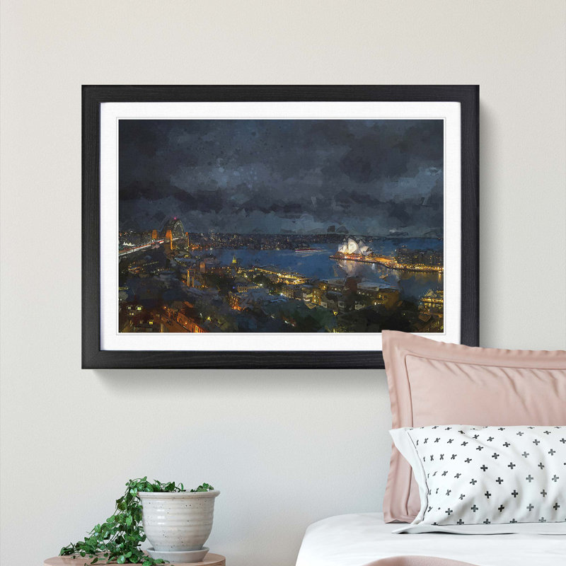 Sydney Skyline at Night in Abstract - Picture Frame Graphic Art Print, Black Framed, 62cm H x 87cm W x 2cm D