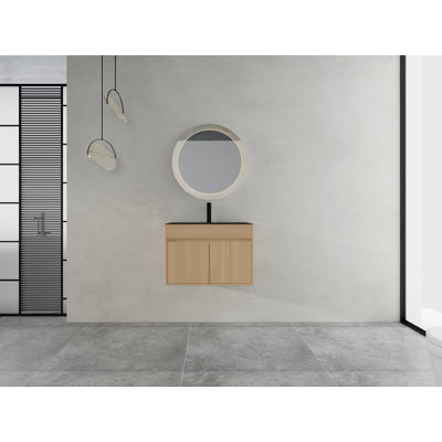 Armoire de salle de bain murale 28 po avec lavabo en acier inoxydable et tuyau de vidange flexible, porte à fermeture en douceur, contreplaqué, emballage KD