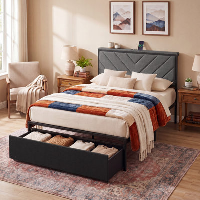 Bed Frame with 2 Drawers, Upholstered Headboard with Storage and Charging Station, Fabric Drawers with Wheels, Under Bed Storage, No Box Spring Needed