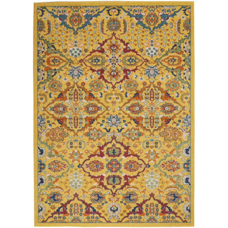 Tapis jaune à motif floral Weirton, Rectangle 6 pi 1 po x 10 pi