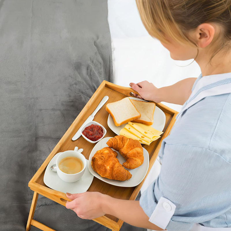 Simkins Bamboo Breakfast Tray 2 Pack Serving Bed Tray Table with Folding Legs Laptap Handles