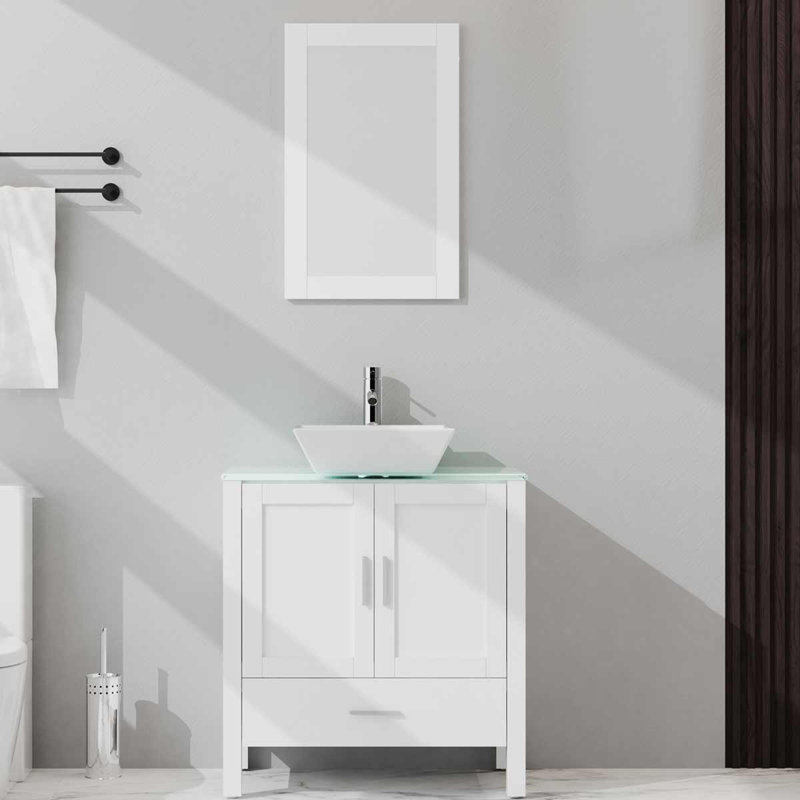 Ensemble de meuble-lavabo simple 30 po avec plateau en verre Adiy, Blanc
