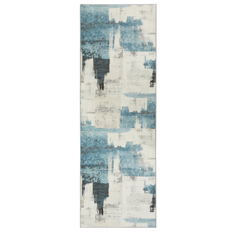 Rececca Abstract Beige Blue Area Rug, Stain Resistant Washable Floor Mat, Runner 2' x 6'