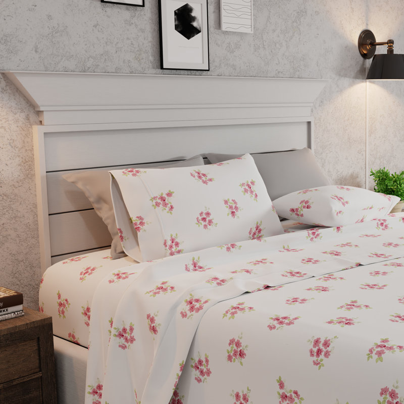 100% Cotton Super-Soft Flannel Sheet Set, King Sheet Set with Fitted Sheet and Pillowcase, Floral, Pink Floral