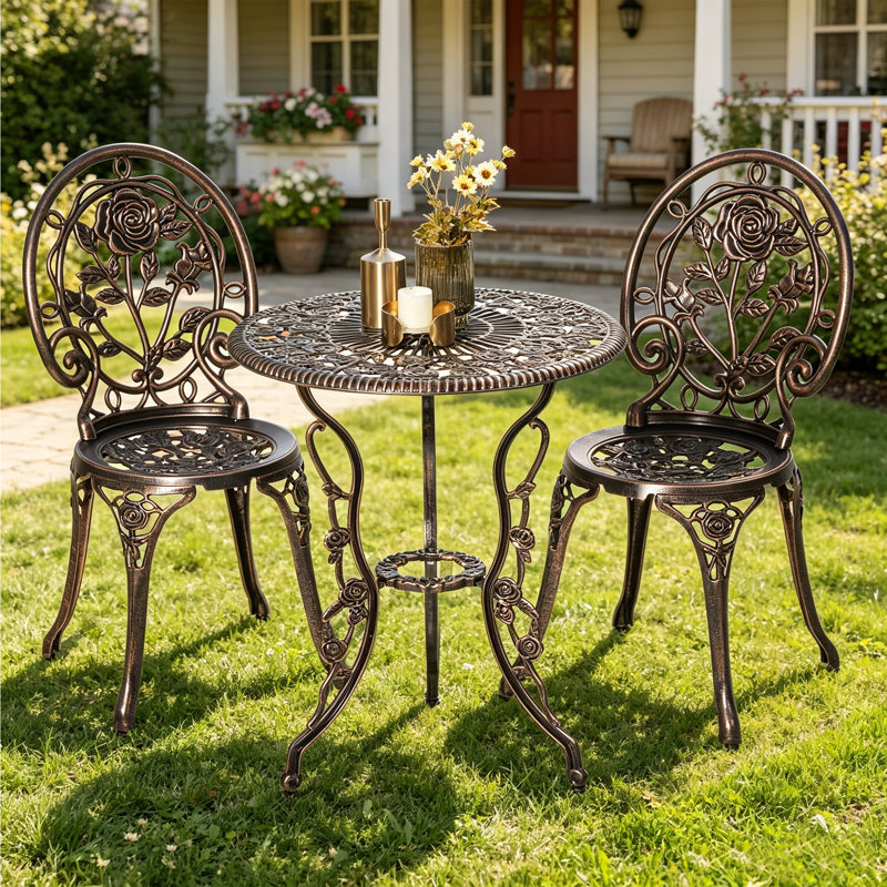 Ensemble bistro 3 pièces pour table bistro et chaises d'extérieur, bistro en aluminium coulé à motif rose pour balcon de jardin, résistance durable à la rouille et aux intempéries, bronze rose