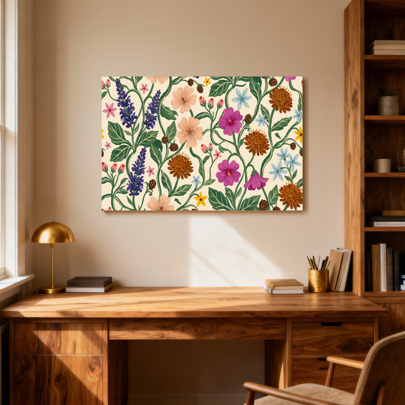 Motif floral de plantes et de fleurs aux couleurs vives et aux feuilles vertes, H 12 po x l 18 po