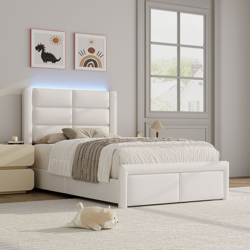 Structure de lit moderne en similicuir avec tête de lit tapissier et lumières DEL, Lit simple, Blanc