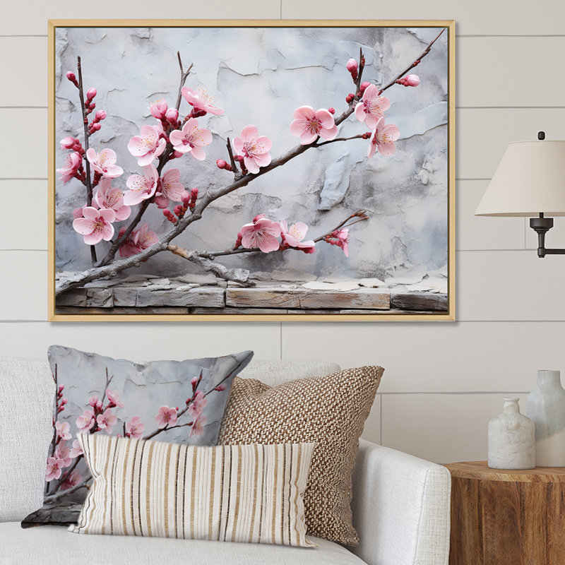 Fleurs de cerisier rose fin de l'hiver - art mural cerisier en fleurs, Cadre flottant blanc, H 30 po x l 40 po x P 1,5 po