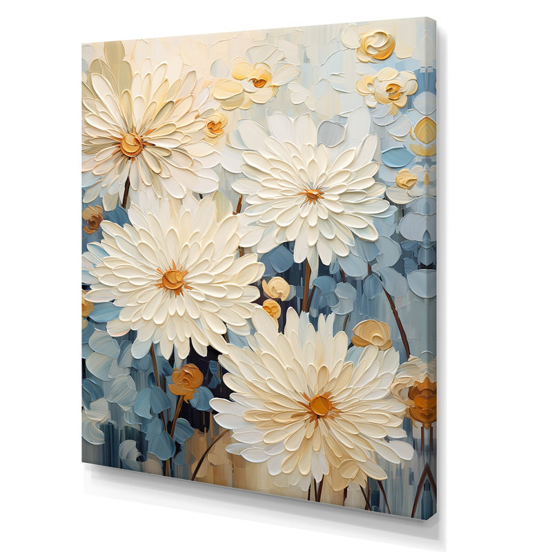 «Simplicity Mums Bloom» en beige et bleu pâle III sur toile, H 32 po x l 16 po x P 1 po, Toile tendue