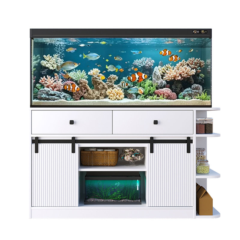 Support d'aquarium avec lumière DEL et prises de courant, portes cannelées coulissantes, 2 grandes armoires et tablettes de rangement