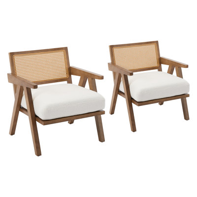 Chaise d'appoint Mid-Century moderne pour le salon / la chambre à coucher - Structure en bois simple, dossier en rotin, coussin moelleux - Fauteuil de lecture / salon confortable - Assemblage facile, beige