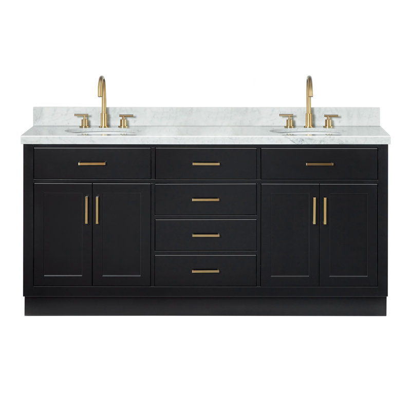 Thornaby 72'' Solid Wood Double Bathroom Vanity with 1.5'' Carrara Marble Top, Black, Satin Brass
