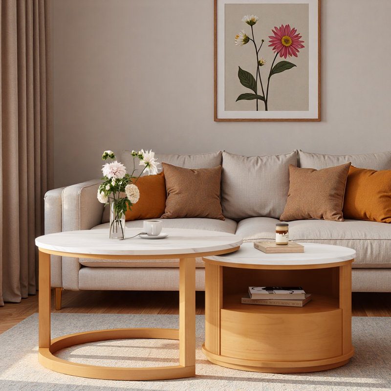 Table basse ronde gigogne avec plateau en marbre blanc, rangement à 2 niveaux et 1 tiroir