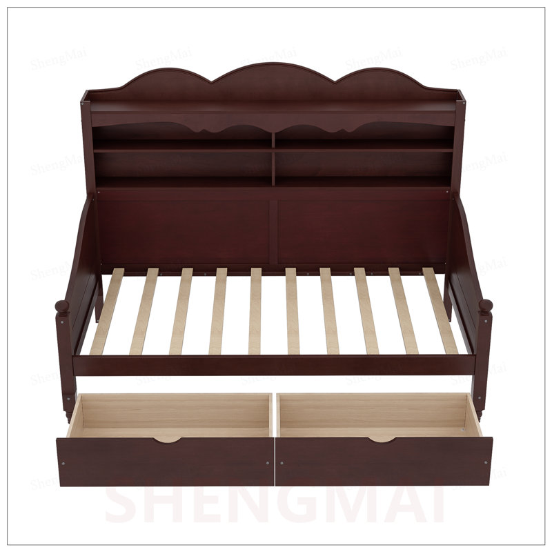 Lit de jour simple avec tiroirs et tablettes de rangement, structure en bois, style rétro, aucun sommier requis, assemblage facile pour une vie moderne