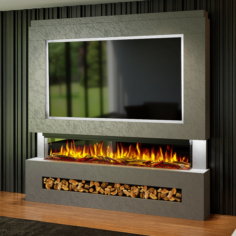 Evolution Fires Pre-Built Media Wall Package 7, finished in textured Venetian Plaster, includes Spectrum Series 72 Series 3-Sided Electric Fireplace