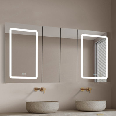 Armoire à pharmacie 60 po x 30 po à DEL à fixation en surface à double porte avec armoires à pharmacie pour salle de bain avec miroir de désembuage, gradateur noir