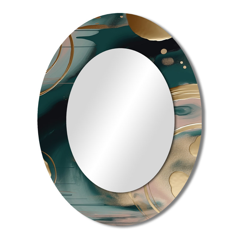 Miroir mural ovale doré et vert abstrait en marbre Harmony Swirls II, 43 po x 33 po