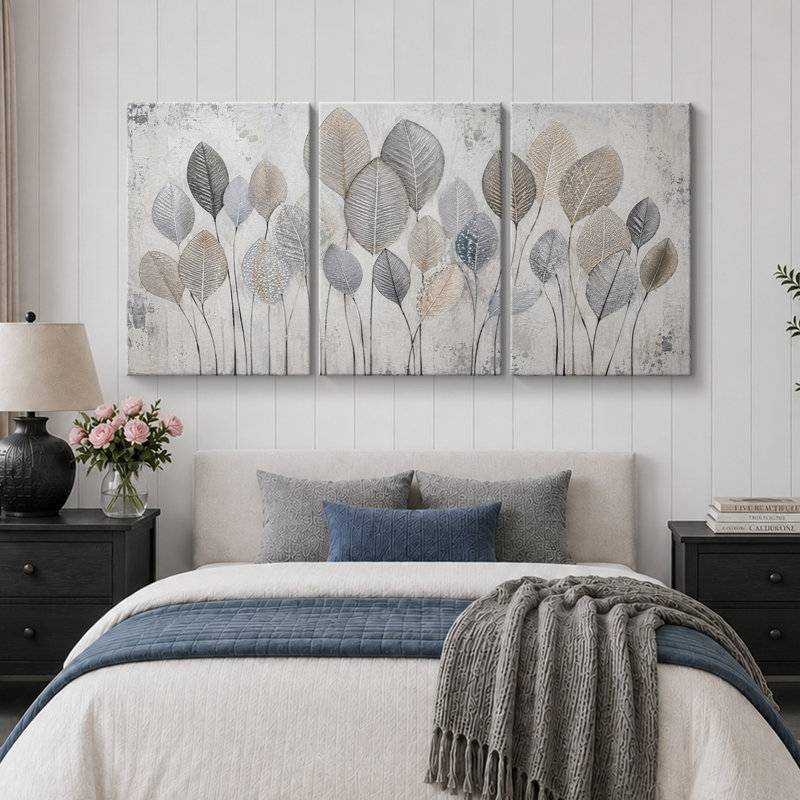 «Neutral Silver Leaf Botanical Art», photos de salon, impression sur toile encadrée, 3 pièces, H 24 po x l 48 po x P 1,5 po