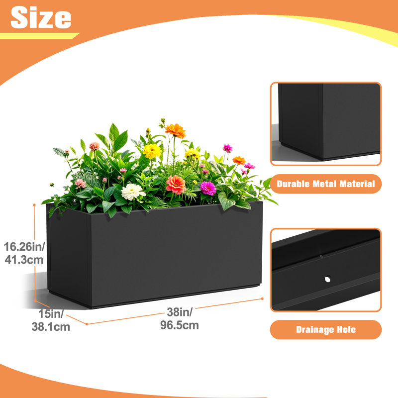 Large Rectangular Planter - Metal Rectangular Planter Box with Drainage Holes for Indoor and Outdoor Use, Black