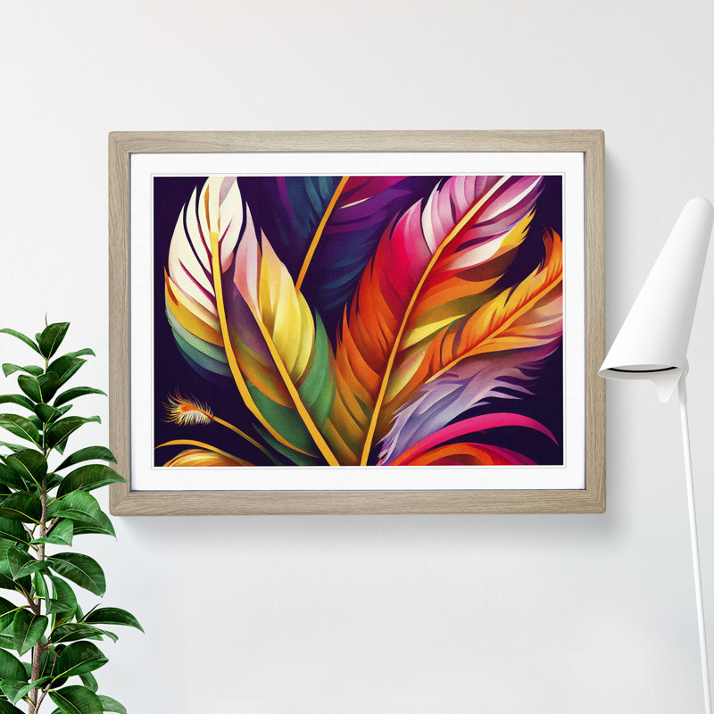 Magnetic Bird Feathers - Single Picture Frame Print, 46cm H x 64cm W x 2cm D, Oak