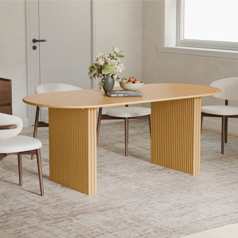 67"L×33.5"D Oval Natural Wood Oak Dining Table with Double Pedestal Kitchen Table with Solid Wood Base Seats 6 for Living Room Dining Room