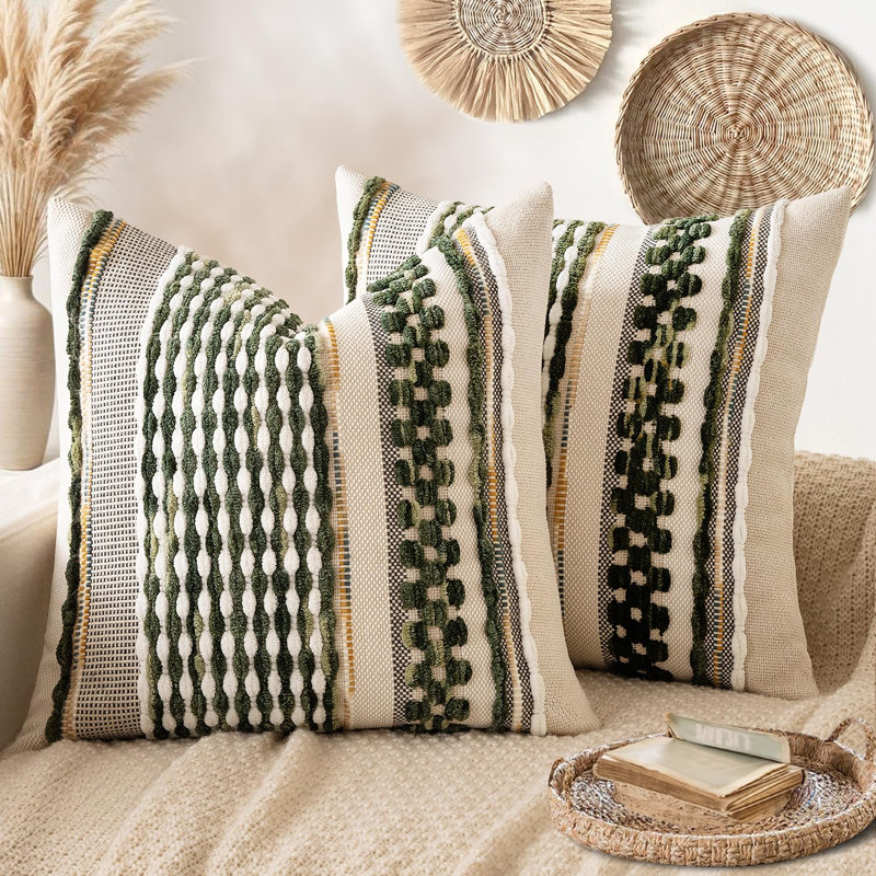 Paquet de 2 housses de coussins décoratifs Boho 18X18 Housse de coussin de style campagnard avec taies d'oreiller en chenille rayée Housse de coussin carrée pour canapé-lit, rayures vert olive