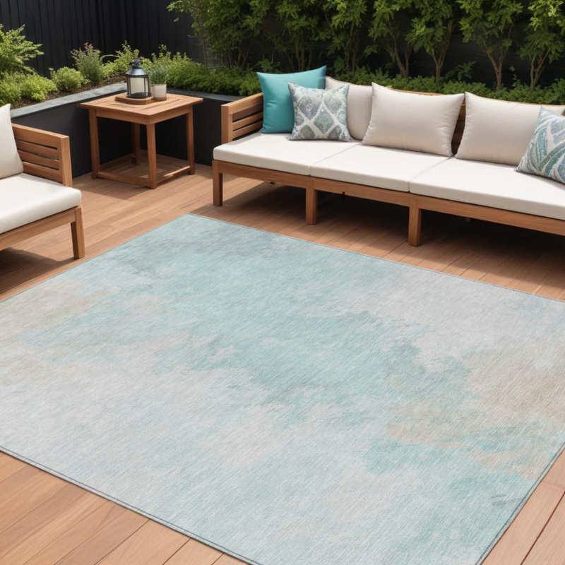 Tapis extérieur lavable abstrait beige et ivoire 8 pi x 10 pi turquoise