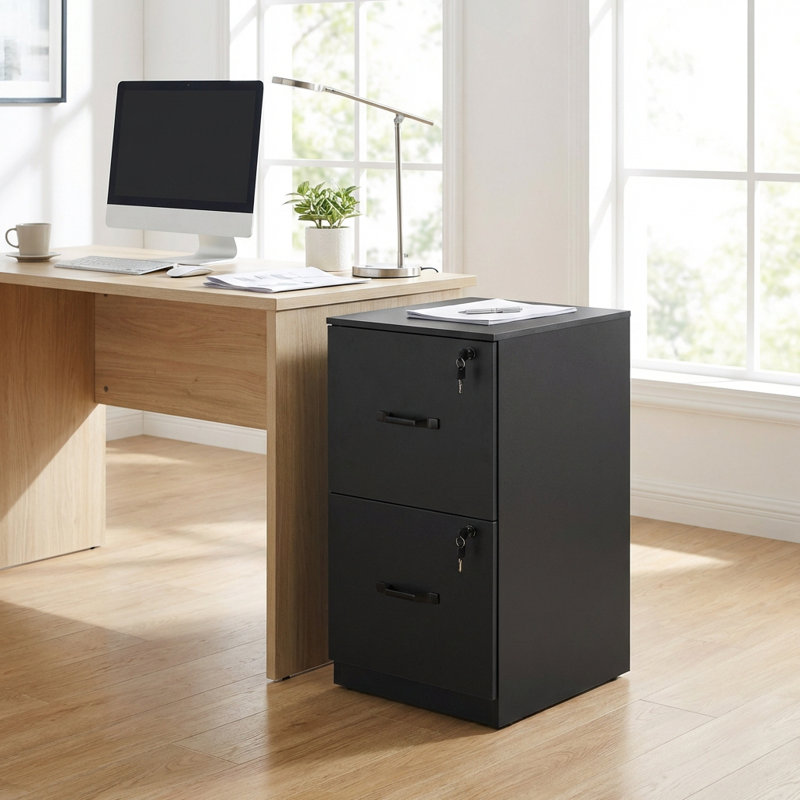 16.1'' Wide 2 Drawers File Cabinet with Lock, Black