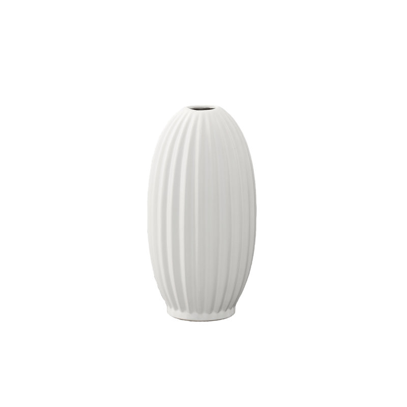Ceramic Round Vase with Narrow Mouth and Embossed Column Pattern Design Body SM Matte Finish.., White, 6" H x 6" W x 11.50" D