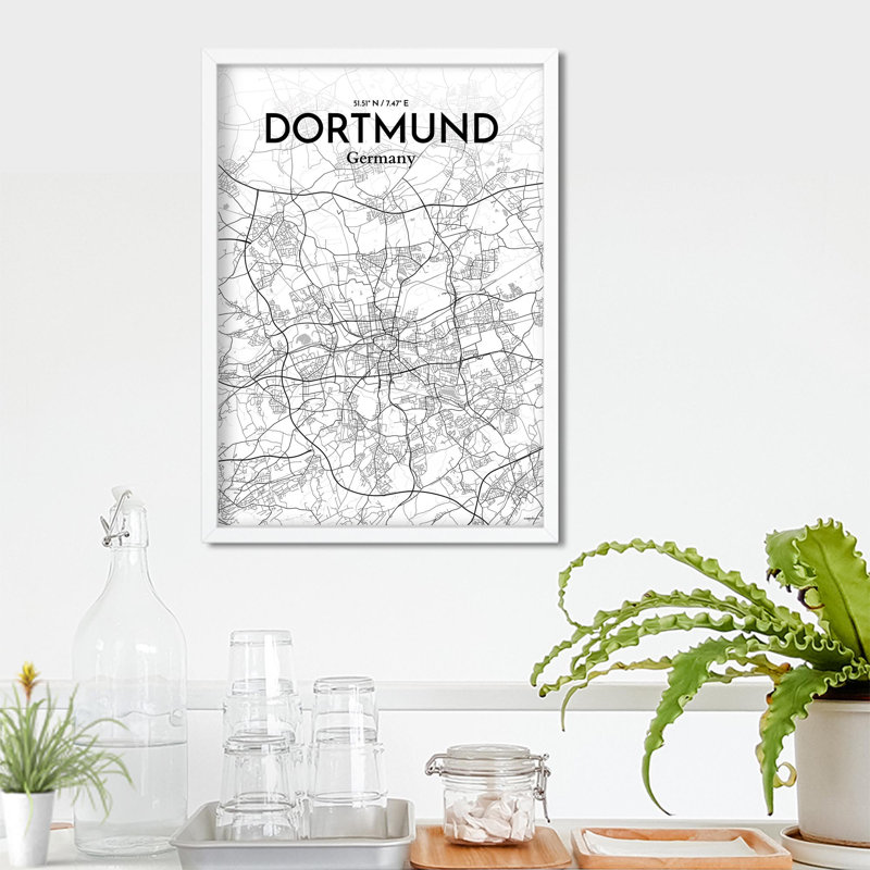 Carte de la ville de Dortmund, impression à Oranje, H 27,6 po x l 19,7 po, Gris / blanc