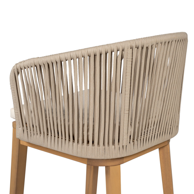 Tabourets de bar d'extérieur en bois d'acacia de 30,5 po de hauteur avec dossier et coussins Bronson, Beige / teck