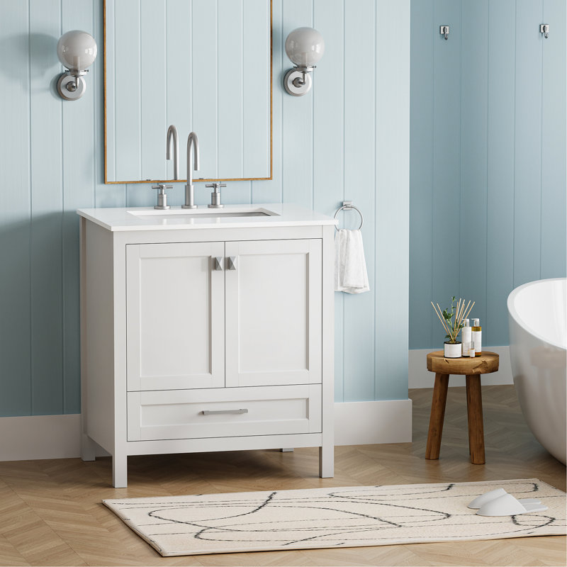 Meuble-lavabo de 30 po, armoire en bois massif blanc avec comptoir en marbre. Aspect, système de fermeture en douceur. Meuble-lavabo 24V03-30Wh entièrement assemblé, et marbre. Portes à fermeture chic.