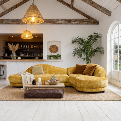 Modern Yellow Curved Sectional Sofa, Polyester Upholstered Modular Couch with Deep Seating, Oversized Lounge Sofa for Living Room, Boho Organic Style Statement Couch
