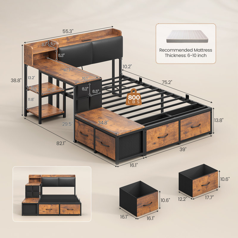 Lit simple d'angle avec bureau et 4 tiroirs, lit de jour pour chambre d'amis, noir et brun rétro, Noir et brun