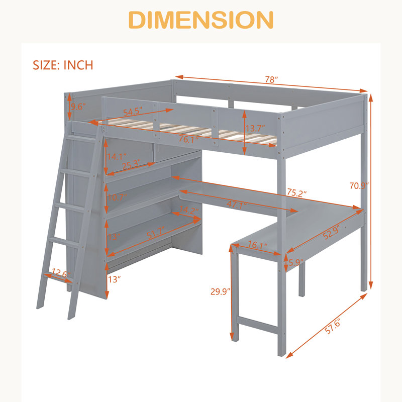 Lit mezzanine double avec bureau et tablette, Gris