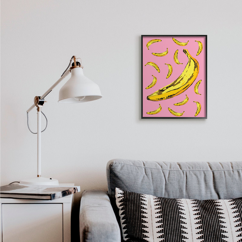 Bananes mûres fantaisistes, fruits tropicaux, jaune, rose, Giclée encadrée noir minuit, H 20 po x l 16 po