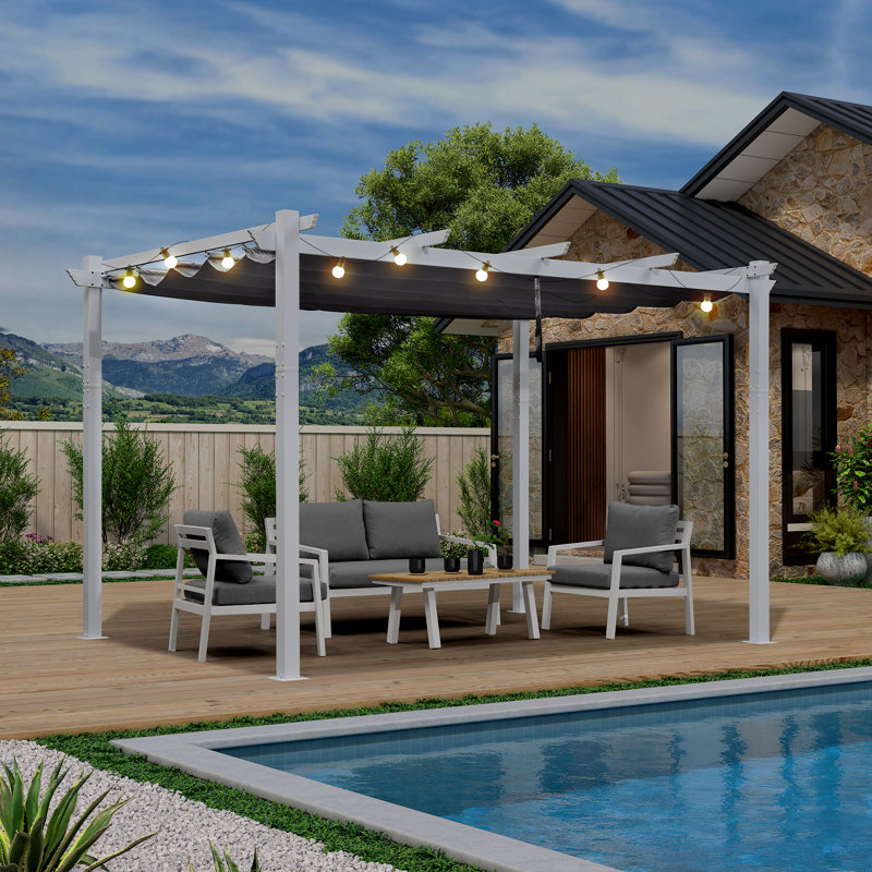 Pergola en aluminium avec auvent, L 10 pi x 12 pi, Gris, Blanc