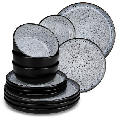 vancasso 12-Piece Gray Reactive Glaze Ceramic Dinnerware Set for 4,Bubble Texture Dinner Plates,Dessert Plates & Cereal Bowls,Dishwasher & Microwave Safe
